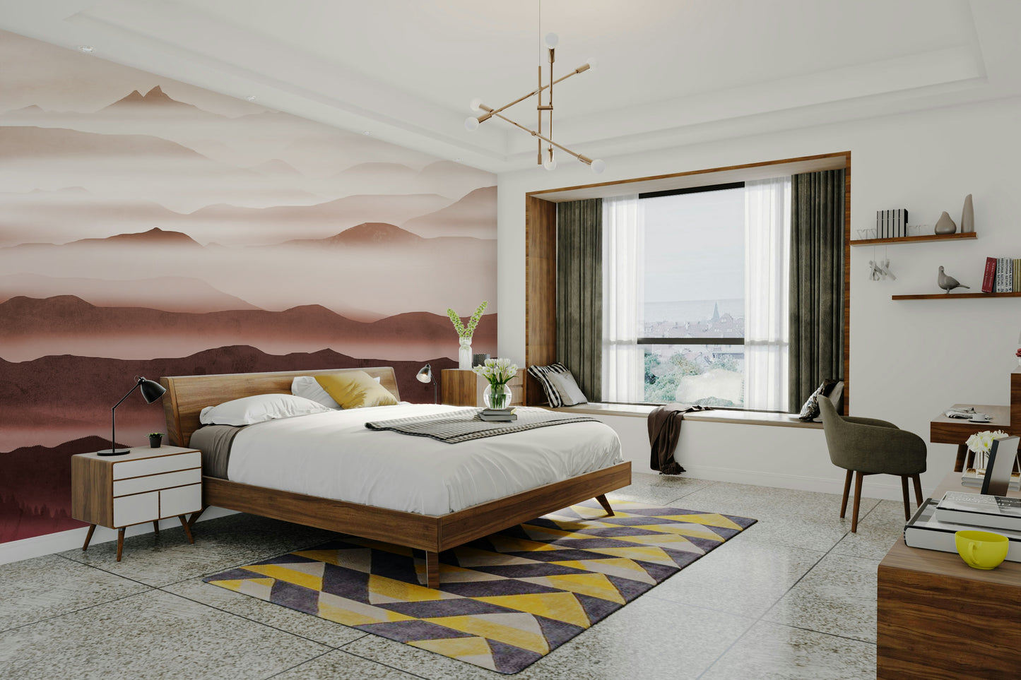 Burgundy Mountain Haze wallpaper of soft burgundy hazy mountains beside a walnut bed and bay window in a bedroom
