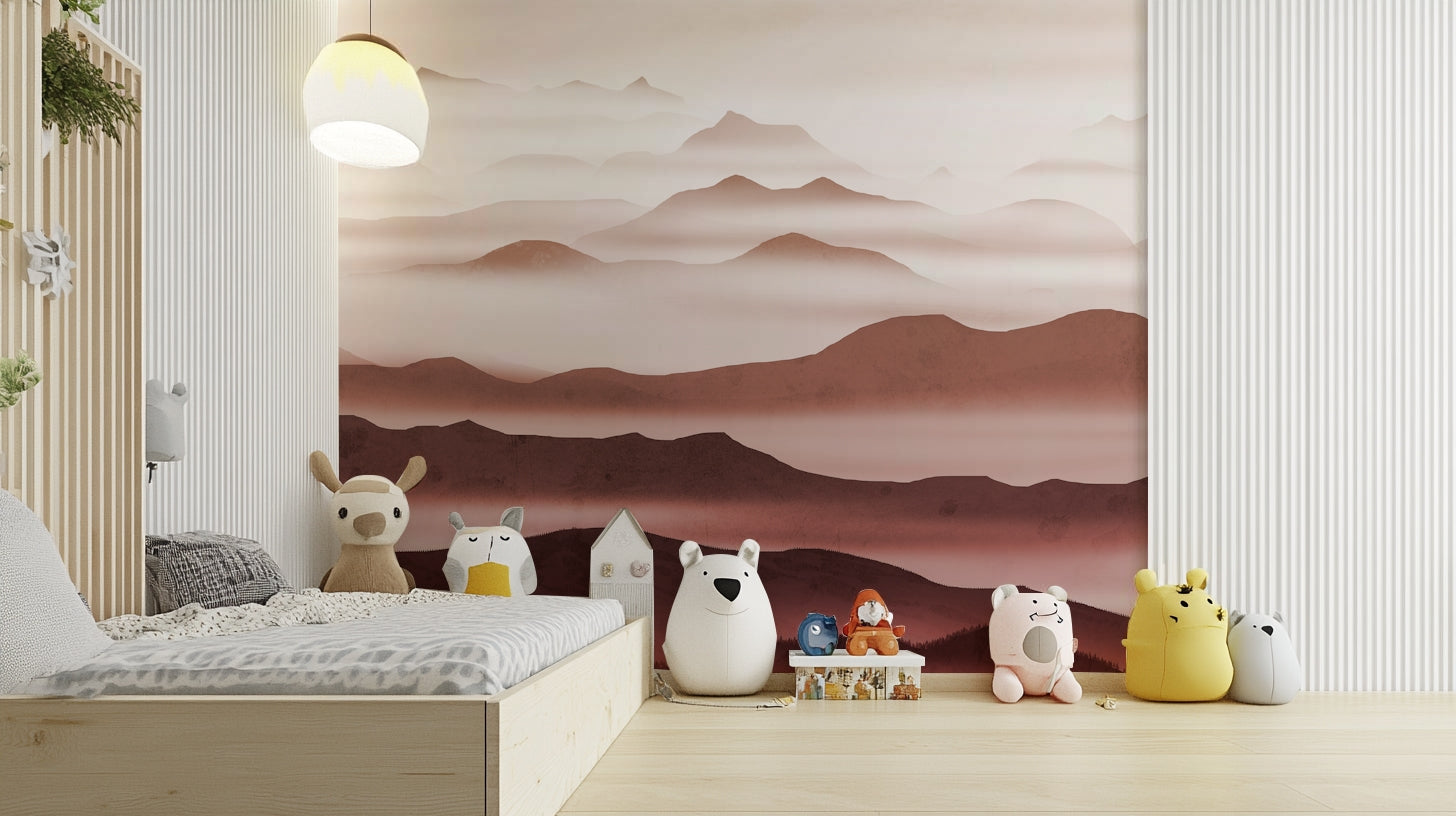 Burgundy Mountain Haze wallpaper of misty rose mountains in a kids room with a wood platform bed and plush animal toys