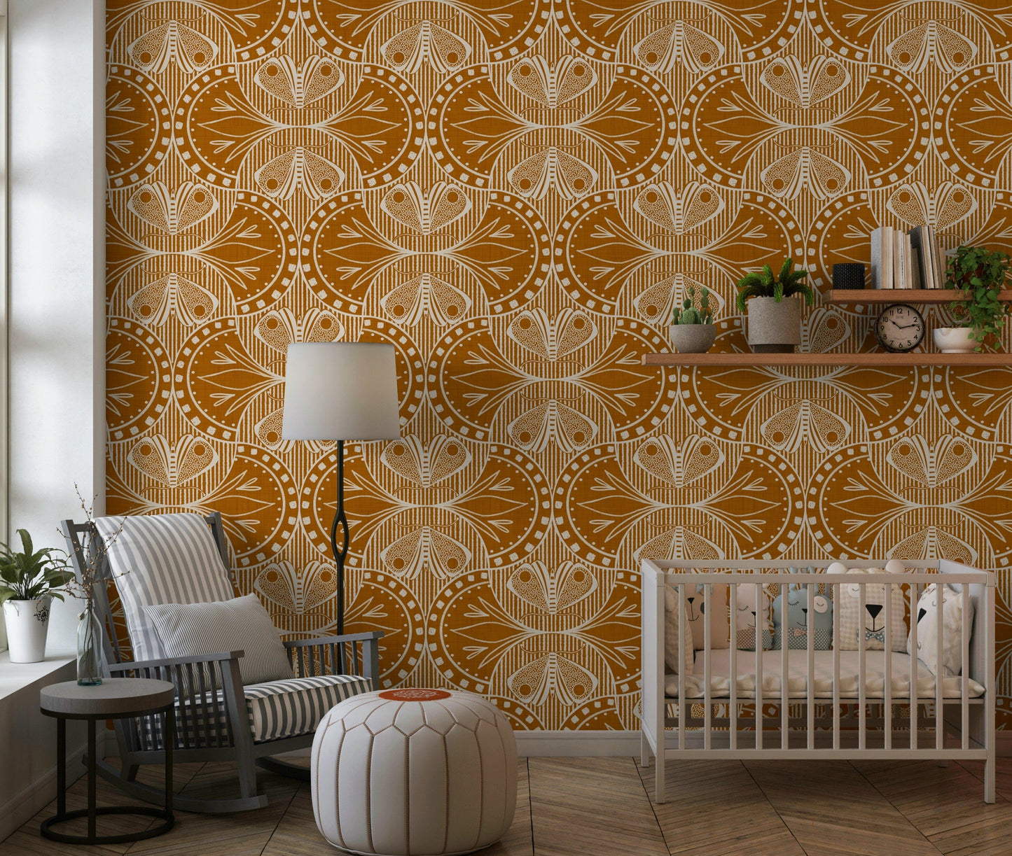 Art Nouveau Butterfly Floral in Burnt Orange wallpaper vintage design pattern.