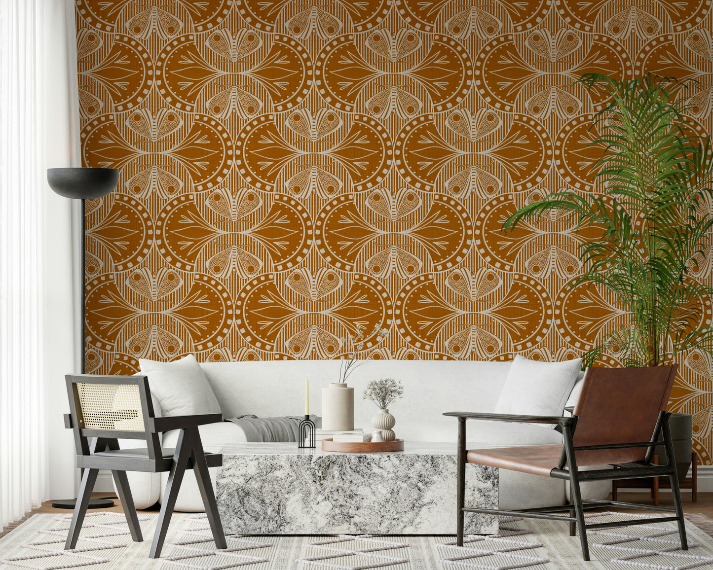 Warm earth tone repeating insect motif wallpaper decorative interior accent.