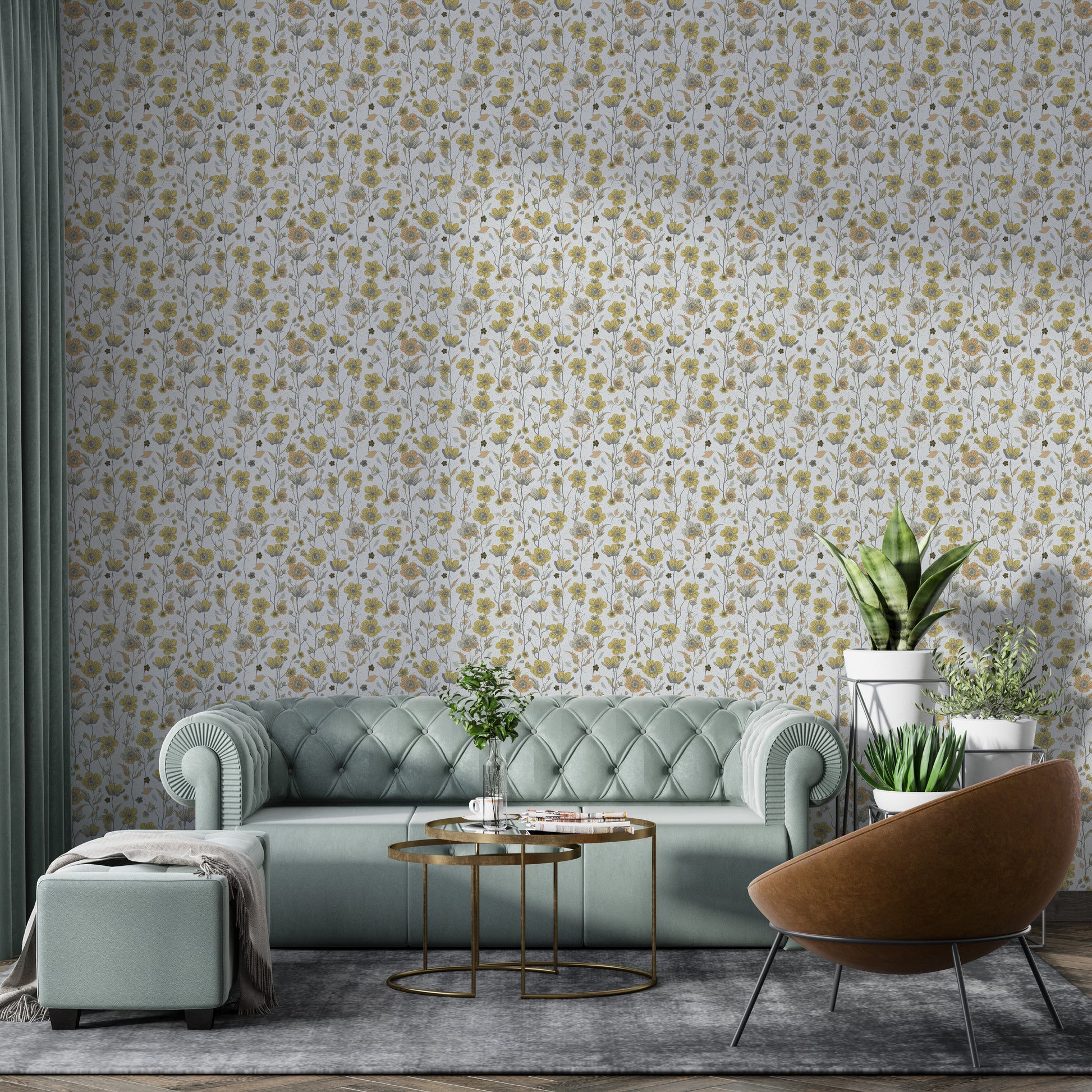 Buttercups Garden Golden and Gray wallpaper behind a sage green sofa and leather armchair in a living room