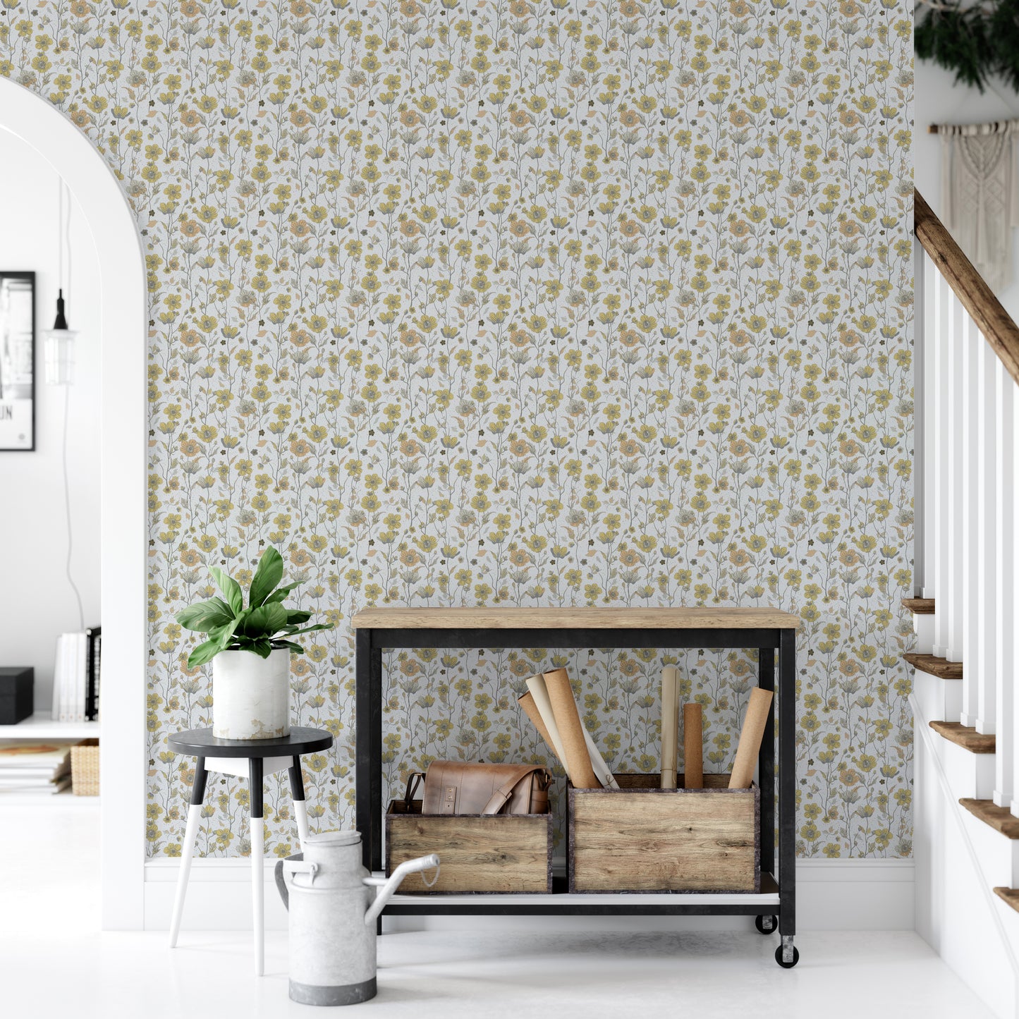 Buttercups Garden Golden and Gray wallpaper beside an industrial console cart and stairs in a hallway