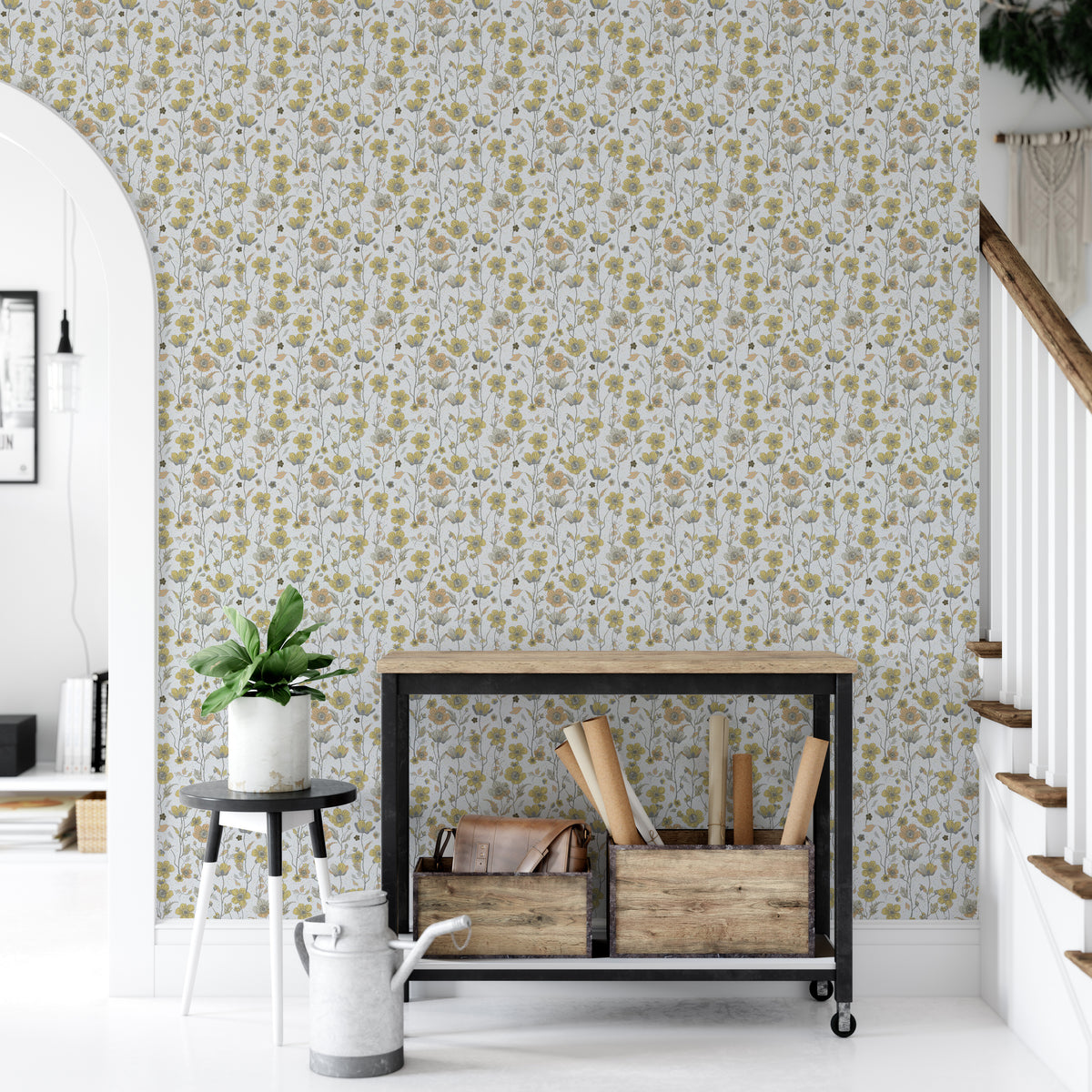 Buttercups Garden Golden and Gray wallpaper beside an industrial console cart and stairs in a hallway