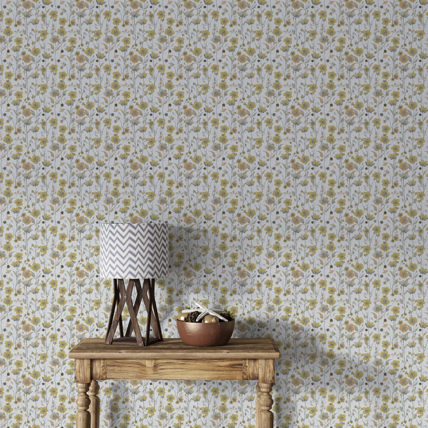 Buttercups Garden Golden and Gray wallpaper above a wooden console with chevron lamp in an entryway