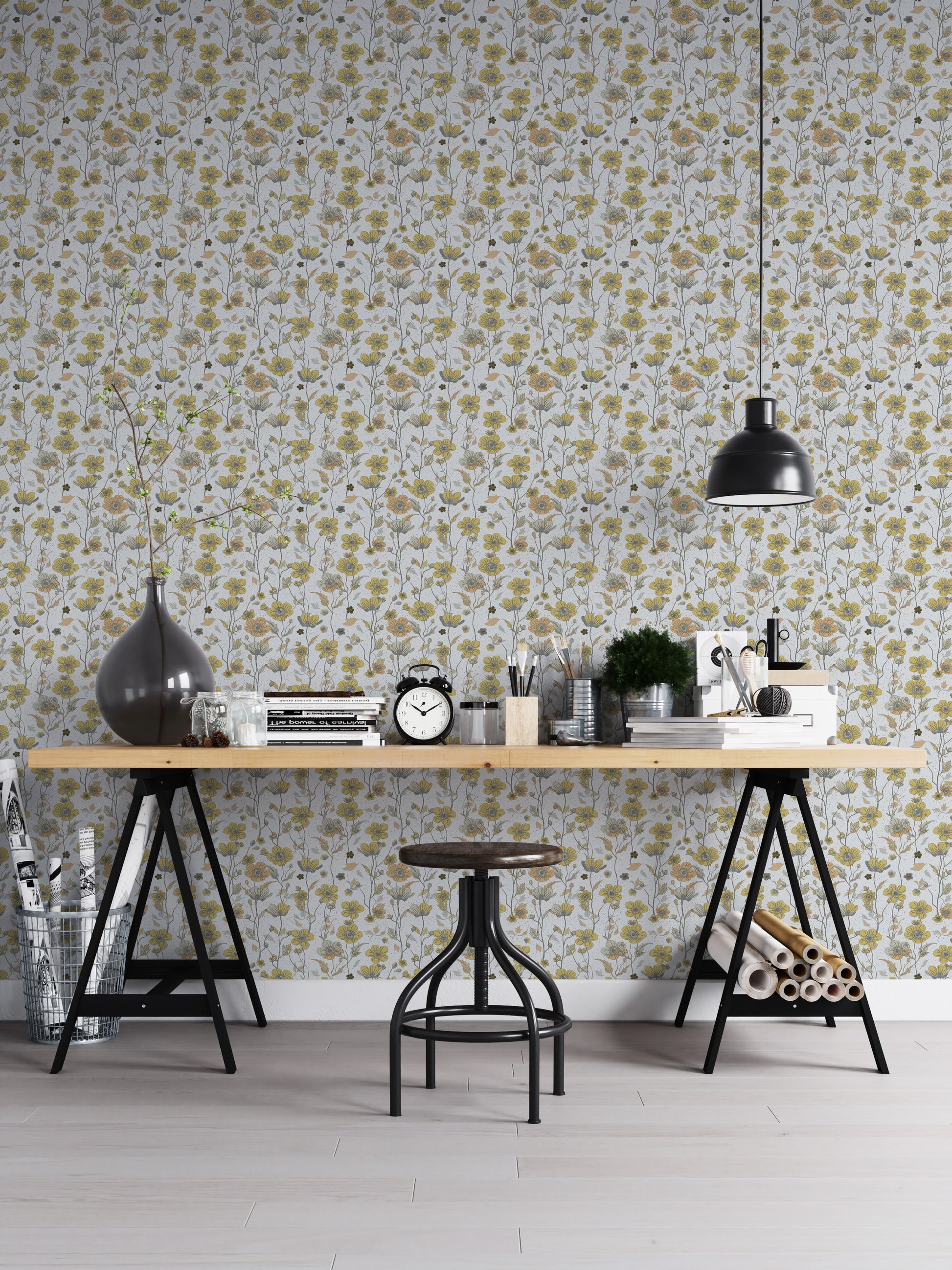 Buttercups Garden Golden and Gray wallpaper behind a wooden trestle desk and pendant lamp in a home office