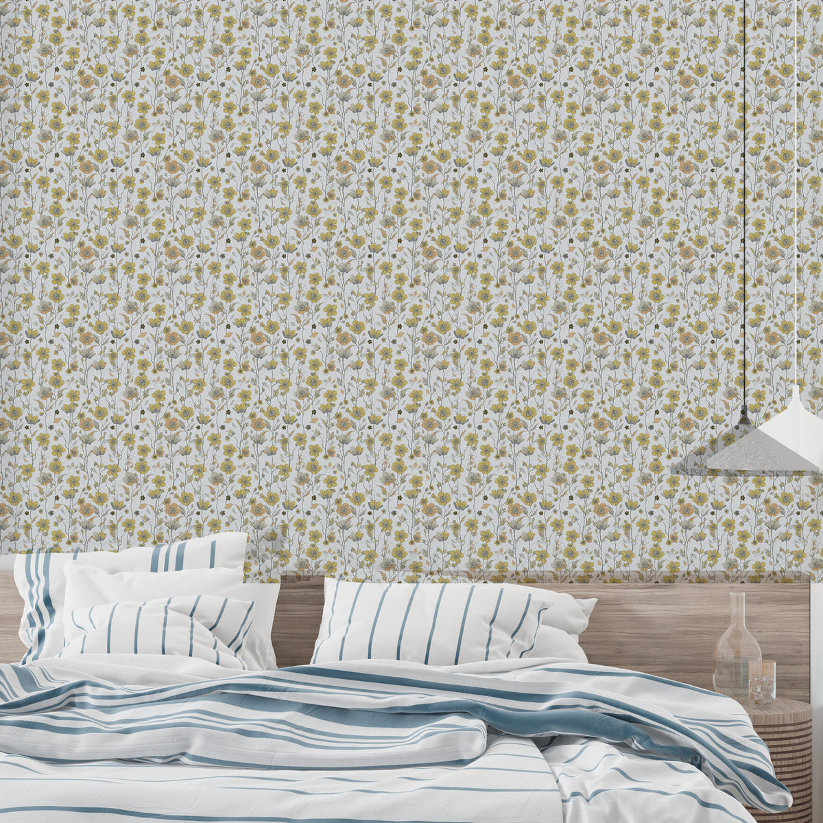 Buttercups Garden Golden and Gray wallpaper over a bed with blue-striped bedding in a bedroom