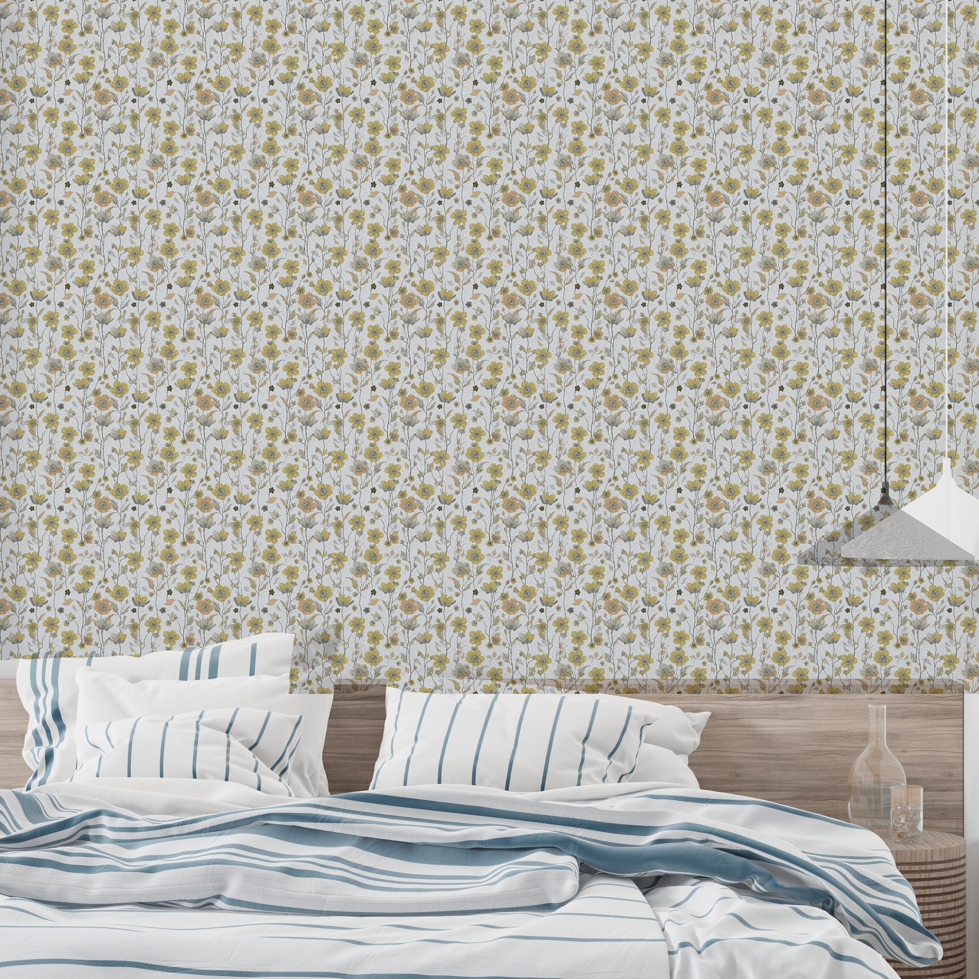 Buttercups Garden Golden and Gray wallpaper over a bed with blue-striped bedding in a bedroom