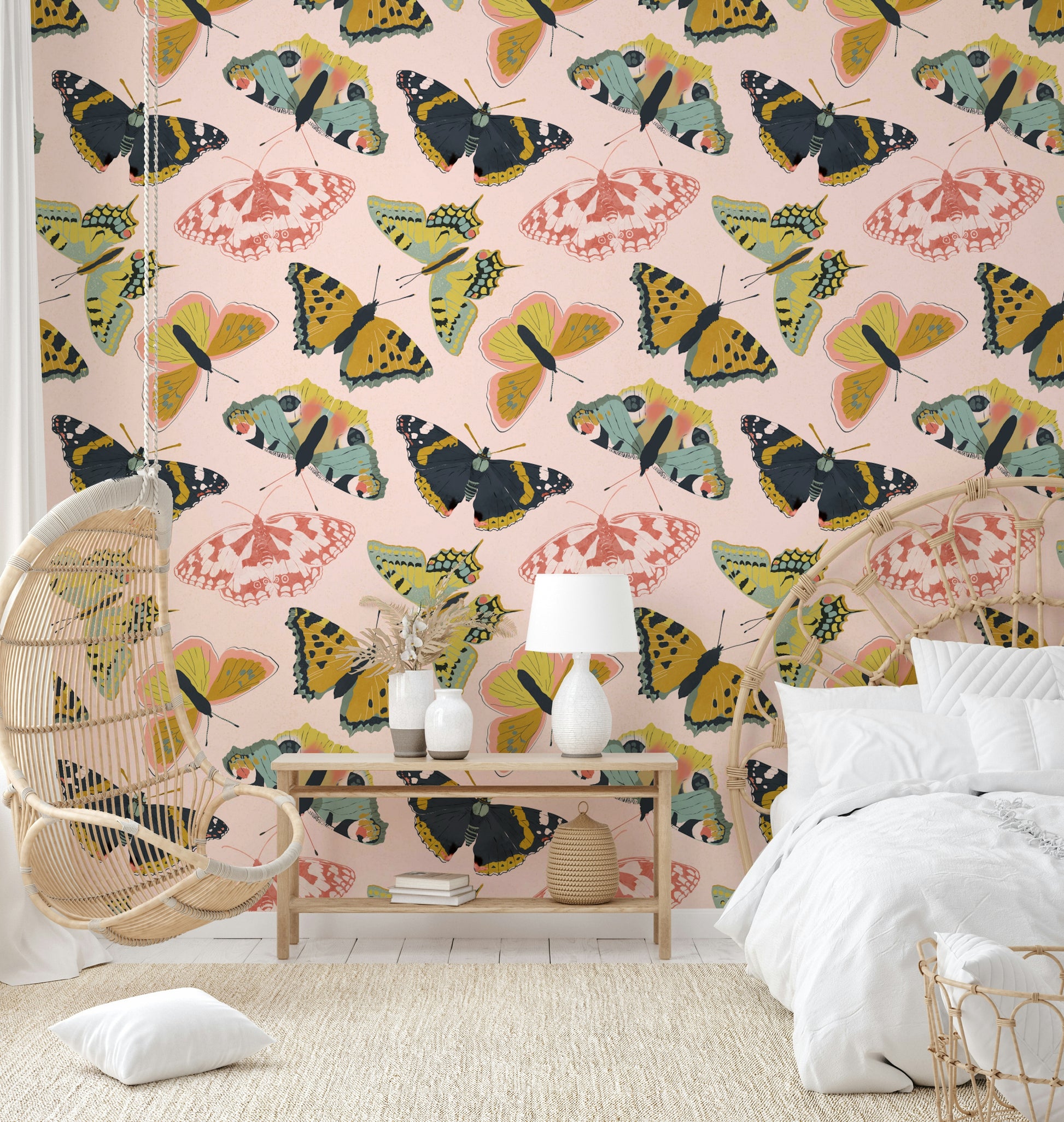 Blooming flower wallpaper with butterfly details


