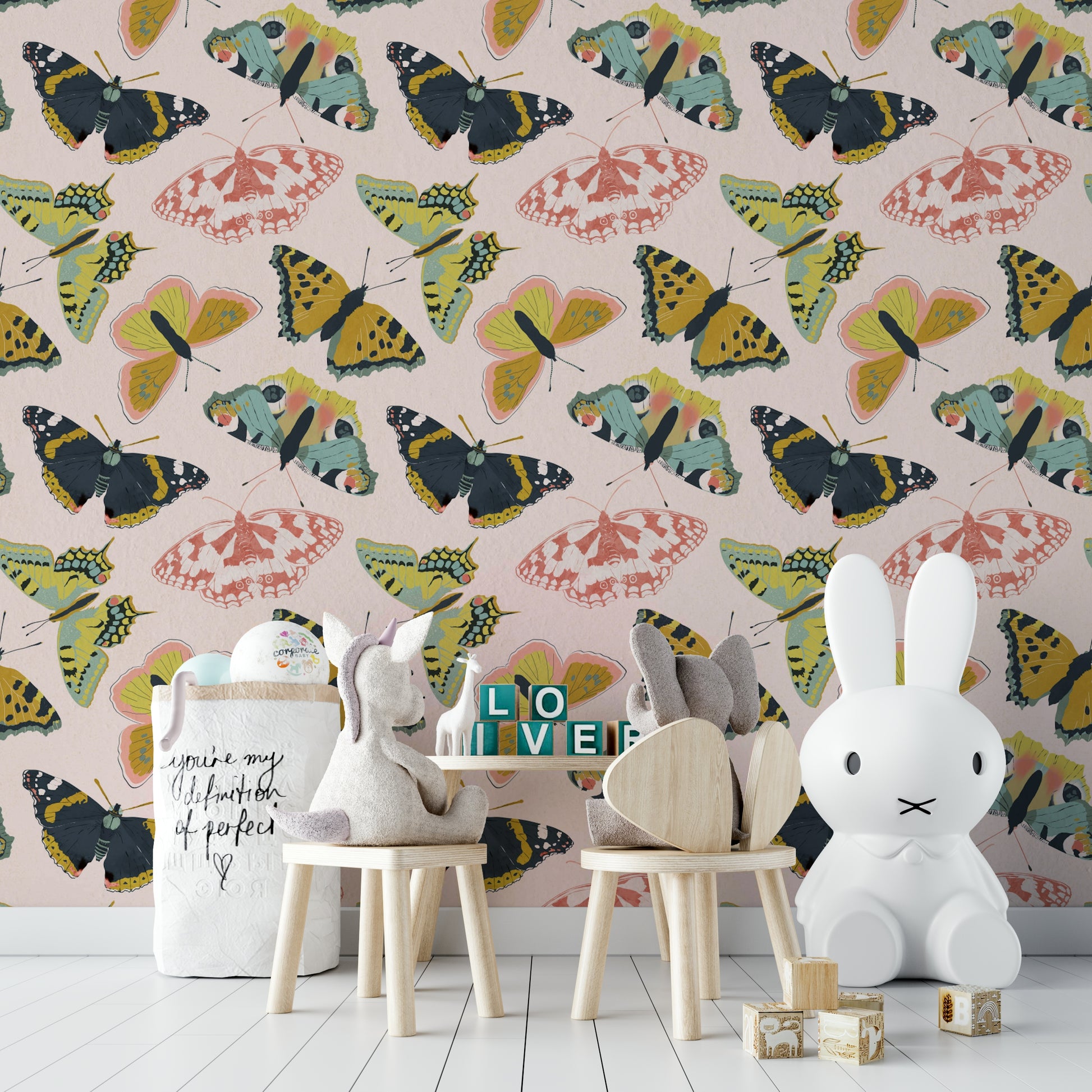 Calm wall mural with flying butterflies

