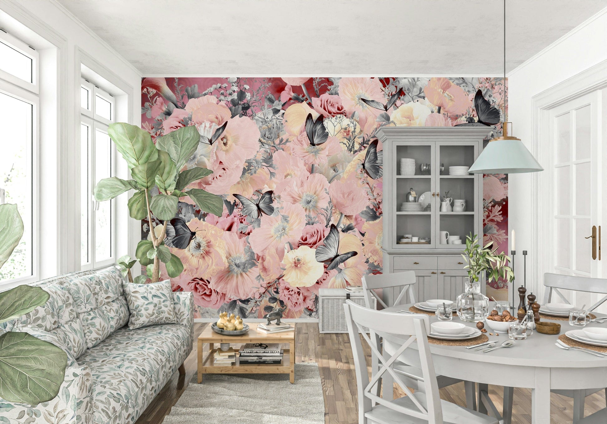A contemplative flower pattern wallpaper mural for a feature wall.


