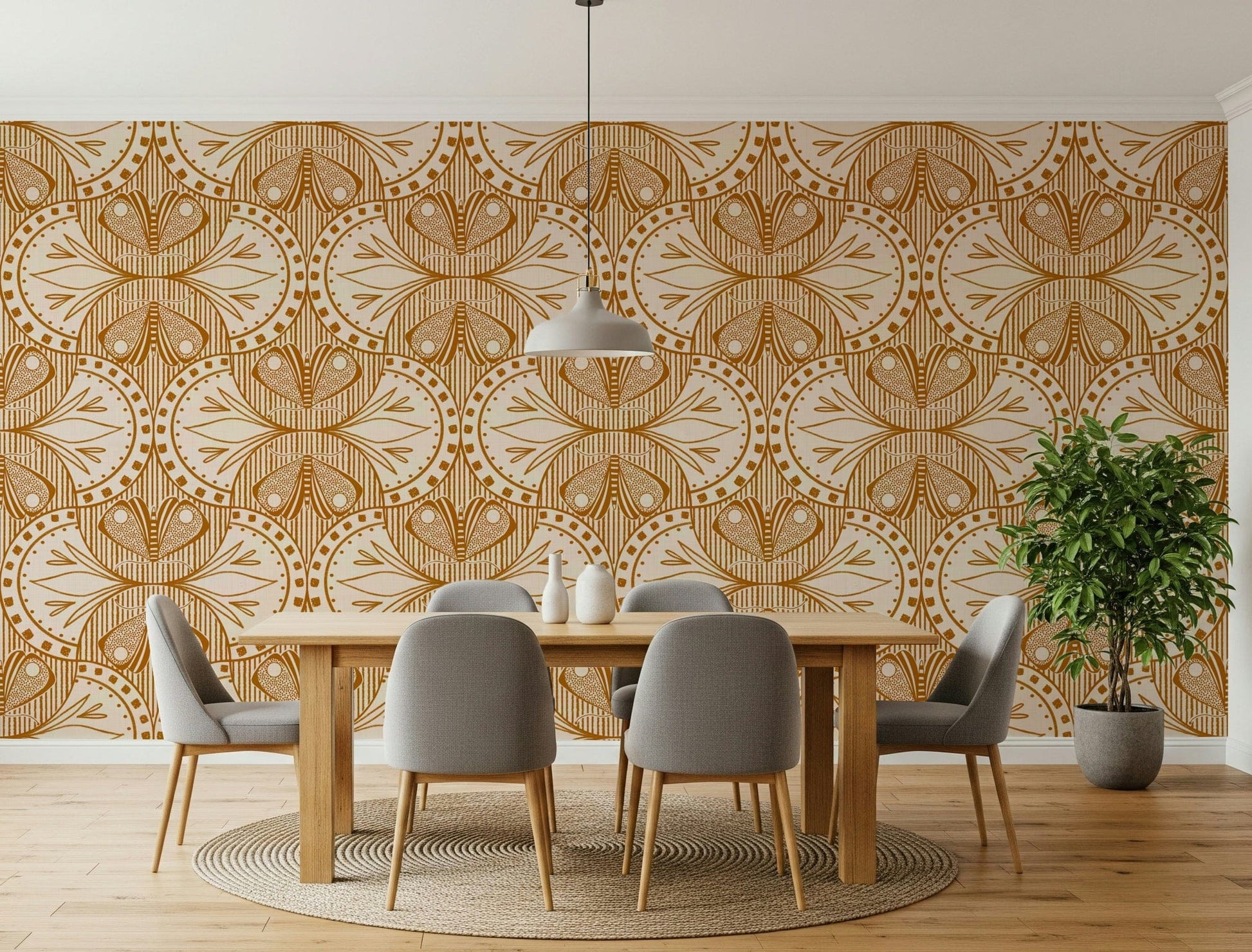 Moth and botanical repeat Art Nouveau peel and stick wallpaper.