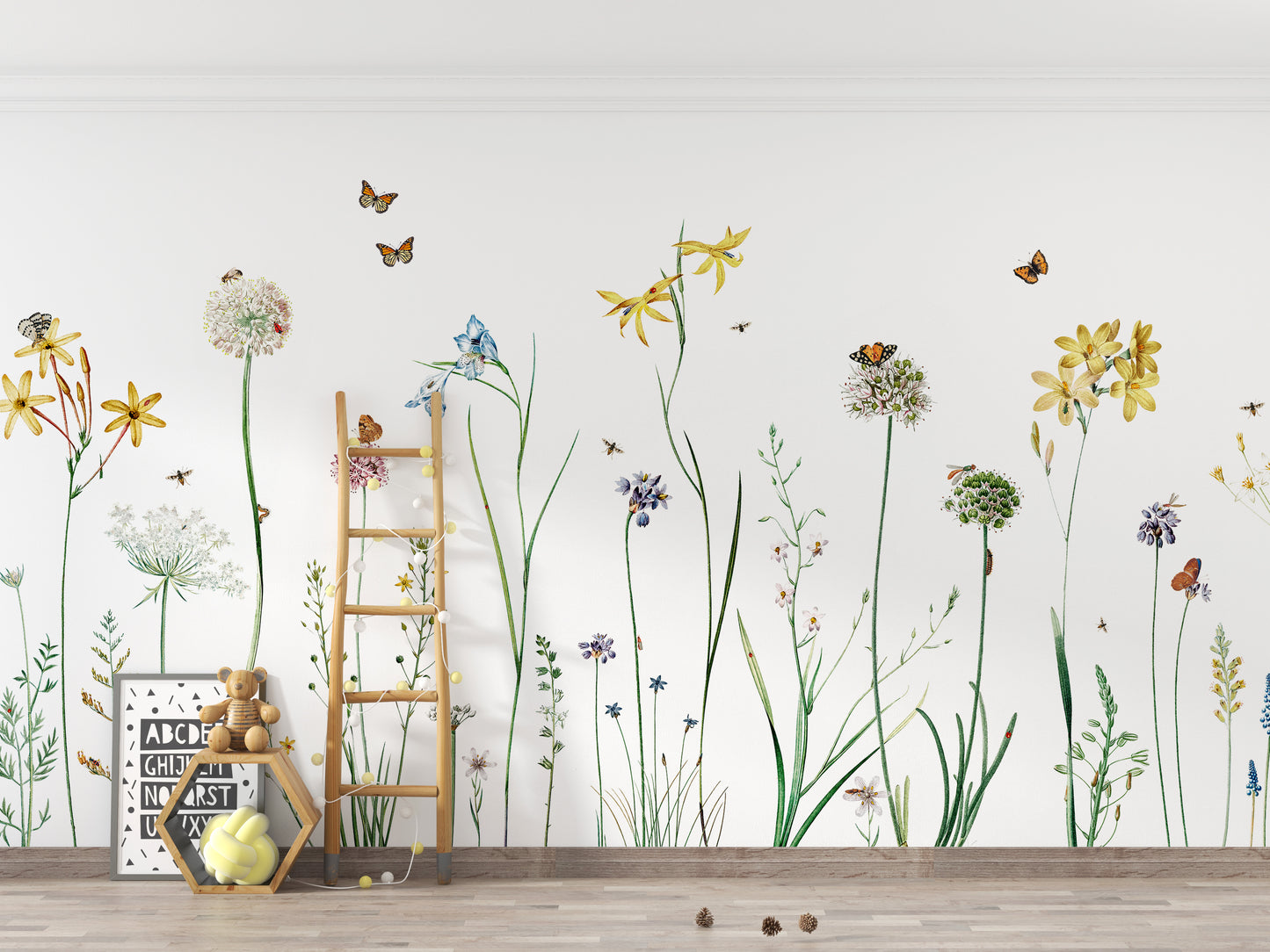 Butterfly Garden wallpaper mural of wildflowers and butterflies in a nursery with a wood ladder, teddy bear and ABC sign