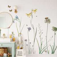 Butterfly Garden wallpaper mural of wildflowers and butterflies in a kids bathroom with a mint vanity and round mirror