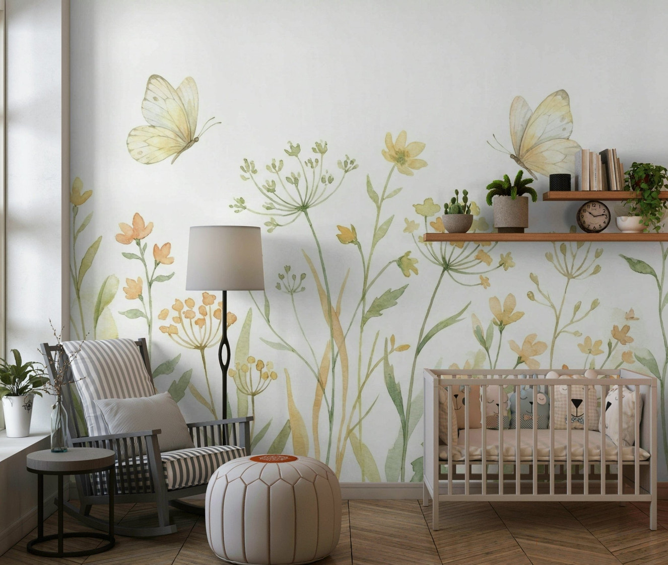 Butterfly Meadow Wall Mural in a classic flat with high ceilings and coving.