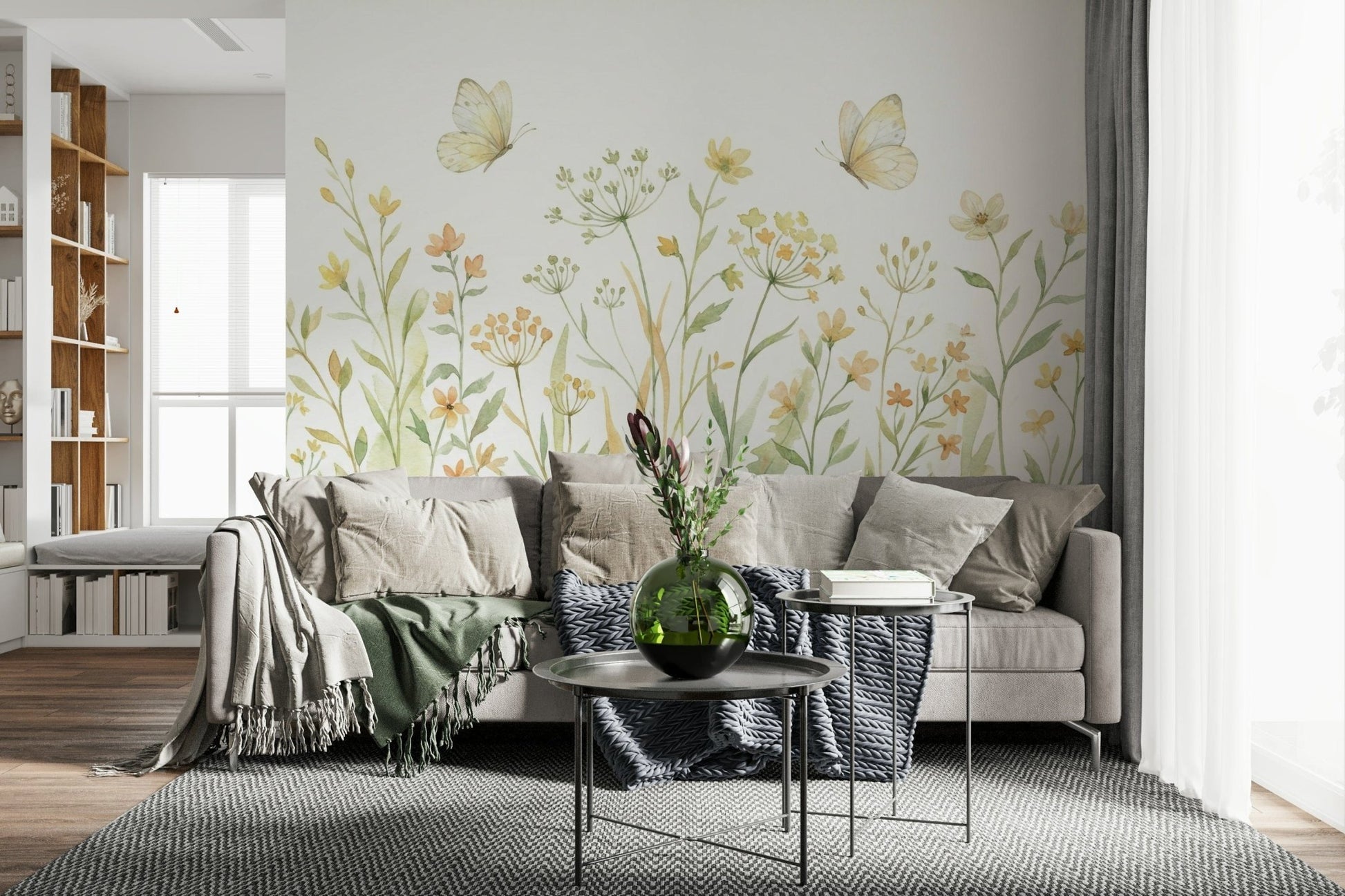 Durable wall mural installed in a kitchen dining area with garden views.