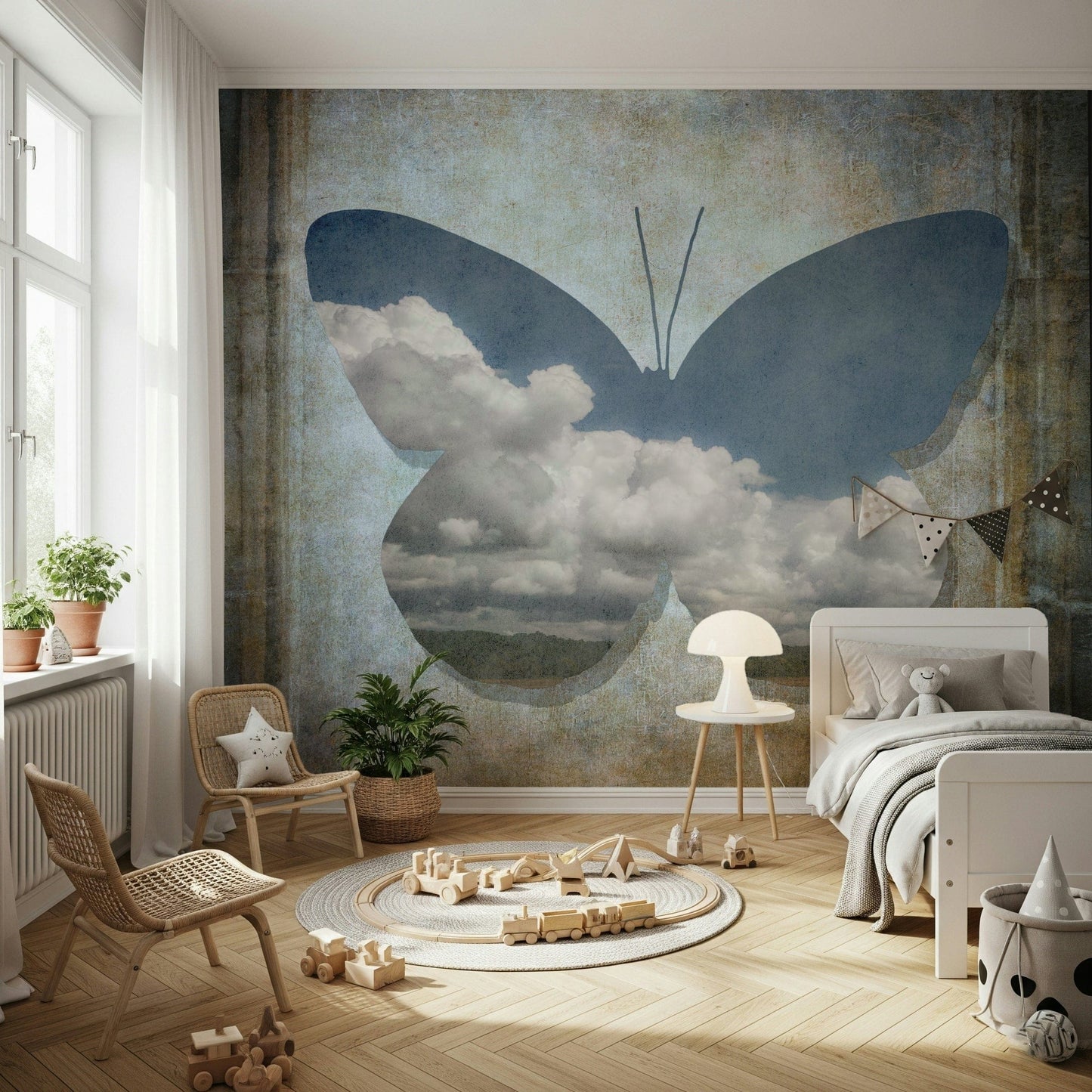 Airy Butterfly Wallpaper Dramatic sky cloud fill rustic border art.