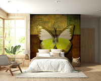 Grungy yellow butterfly mural antique look wall covering decor.