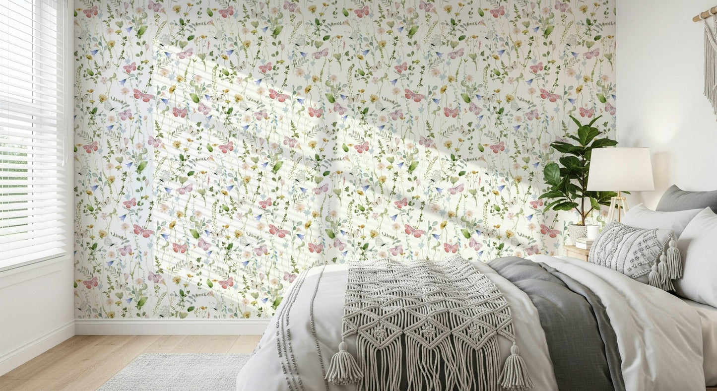 Spring meadow floral wallpaper in gentle pastel shades