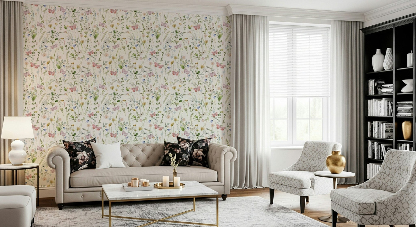 Watercolor butterfly meadow wallpaper in soft pastel tones