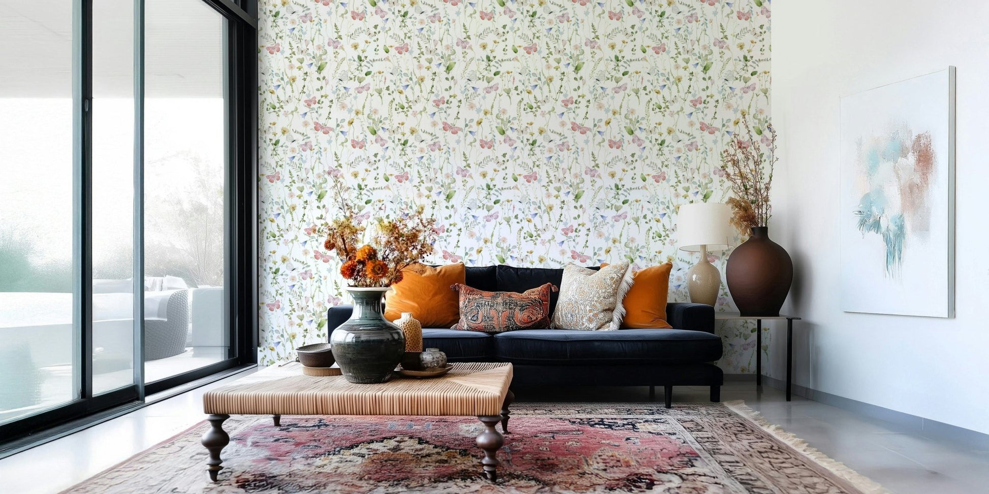 Delicate wildflower and butterfly wallpaper on white