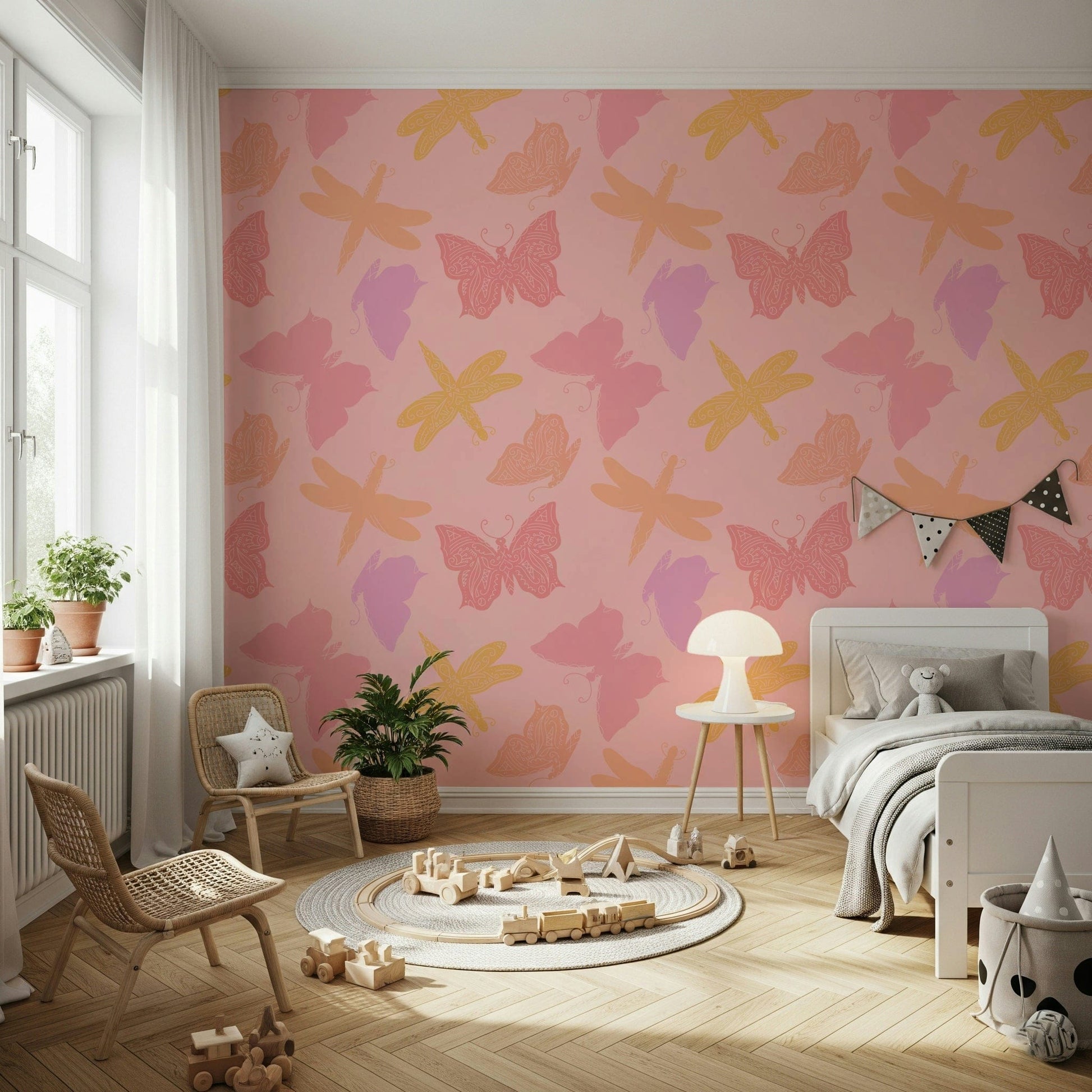 Butterfly Wings & Dragonflies wallpaper mural with a blend of intricate and silhouette-style winged designs.