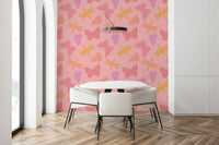 Decorative insect-themed wallpaper showcasing floating butterfly and dragonfly motifs in warm pastel tones.