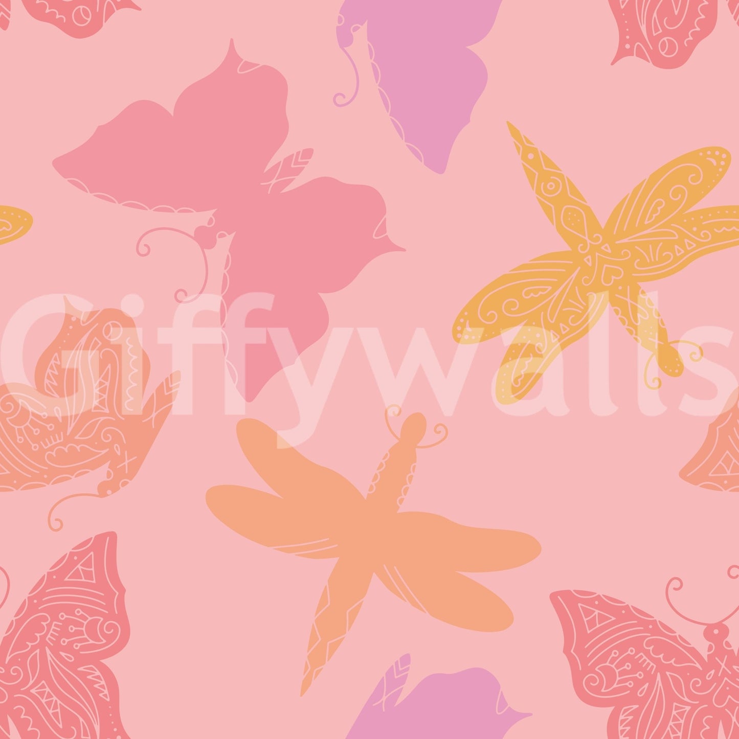 Pastel wallpaper featuring whimsical butterfly outlines and dragonflies in a soft, airy layout.