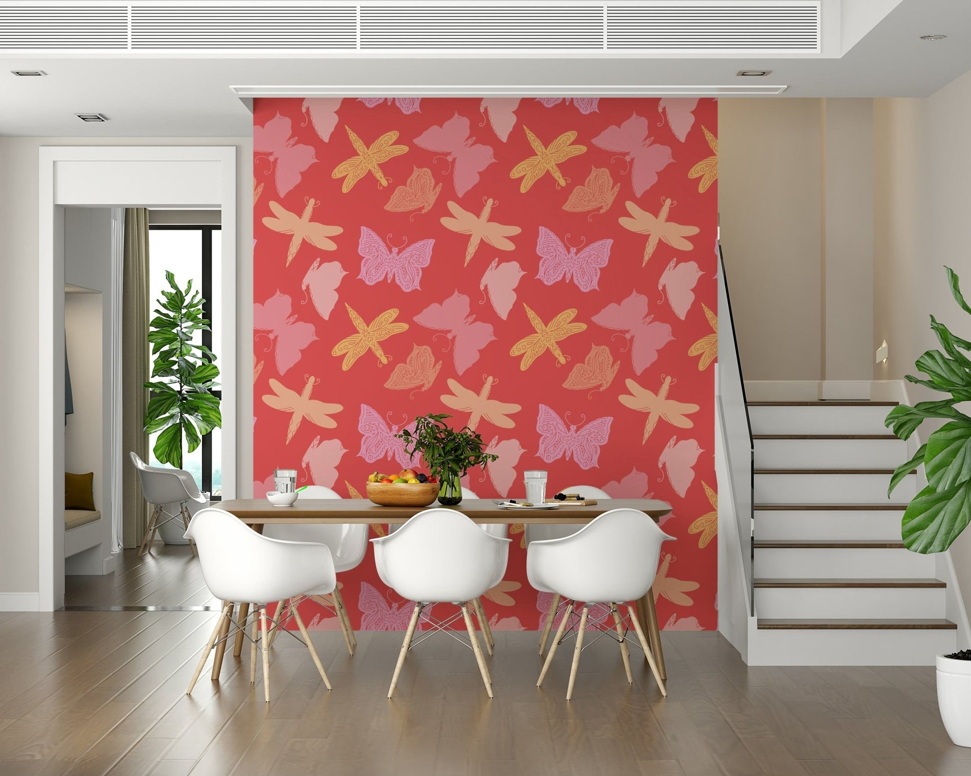 Decorative wallpaper showcasing floating butterflies in warm, playful colors.