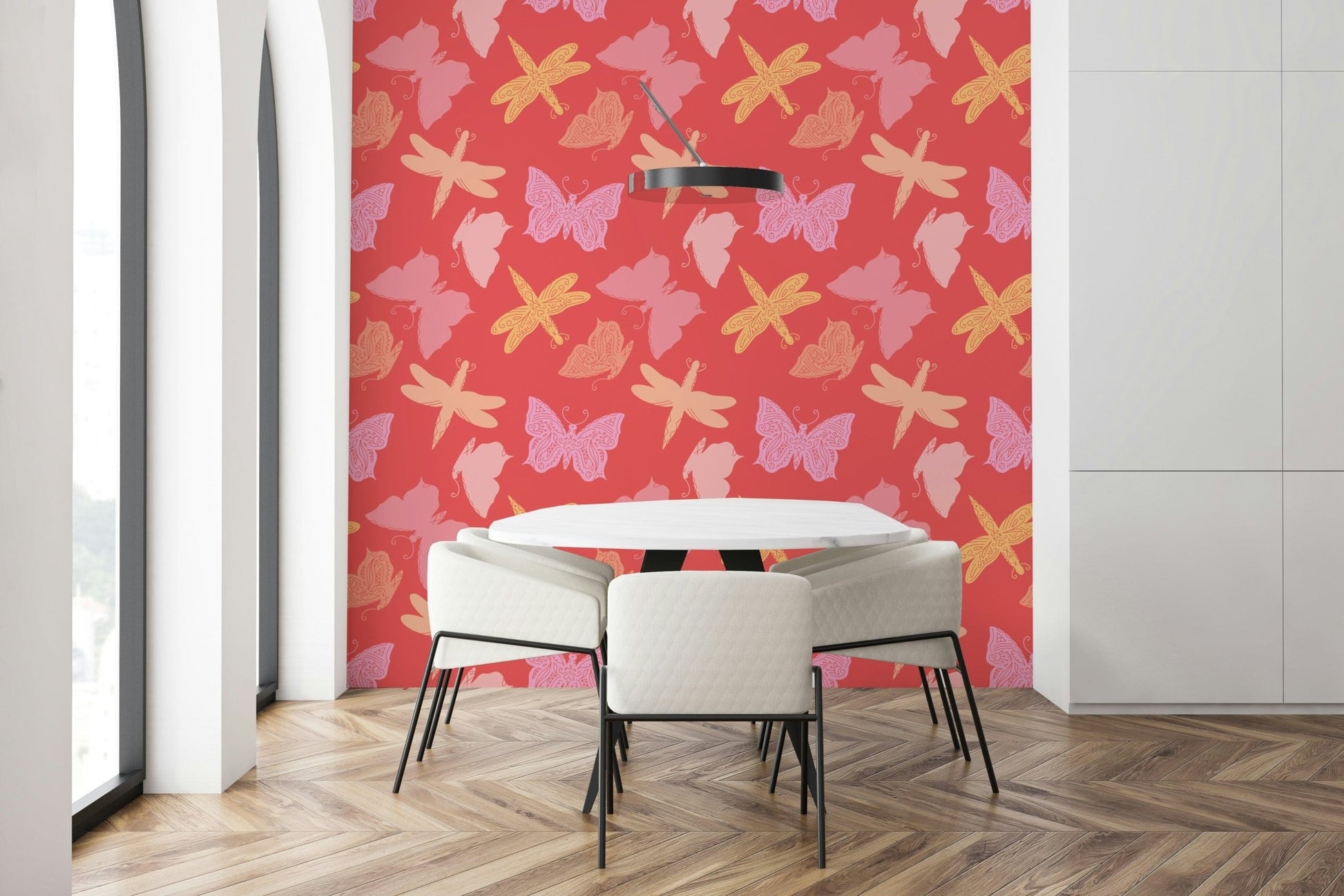 Whimsical butterfly wallpaper mural with stylized wing patterns and soft pastel shades.