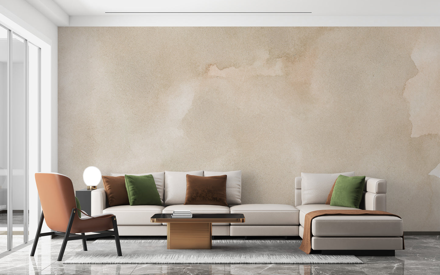 Abstract Beige Watercolor wallpaper mural of soft cream wash behind a beige sofa and rust accent chair in a living room