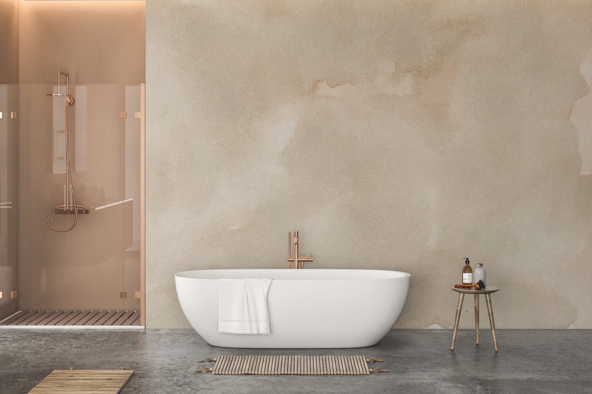 Abstract Beige Watercolor wallpaper mural of neutral wash behind a white freestanding tub and copper fixtures in a bathroom