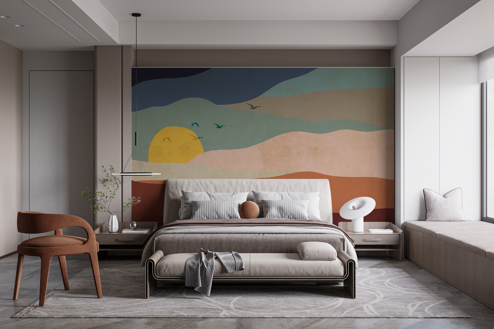 Abstract Sunrise mural of layered hills, yellow sun and birds in terracotta tones above an upholstered bedroom bed