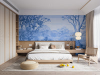Autumn Forest Blue Color wallpaper mural of blue forest trees behind a wood platform bed with paper lanterns