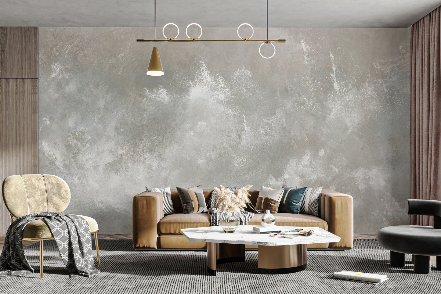 Baltic Sand Textured Abstract wallpaper mural in grey behind a tan sofa and marble coffee table in a living room