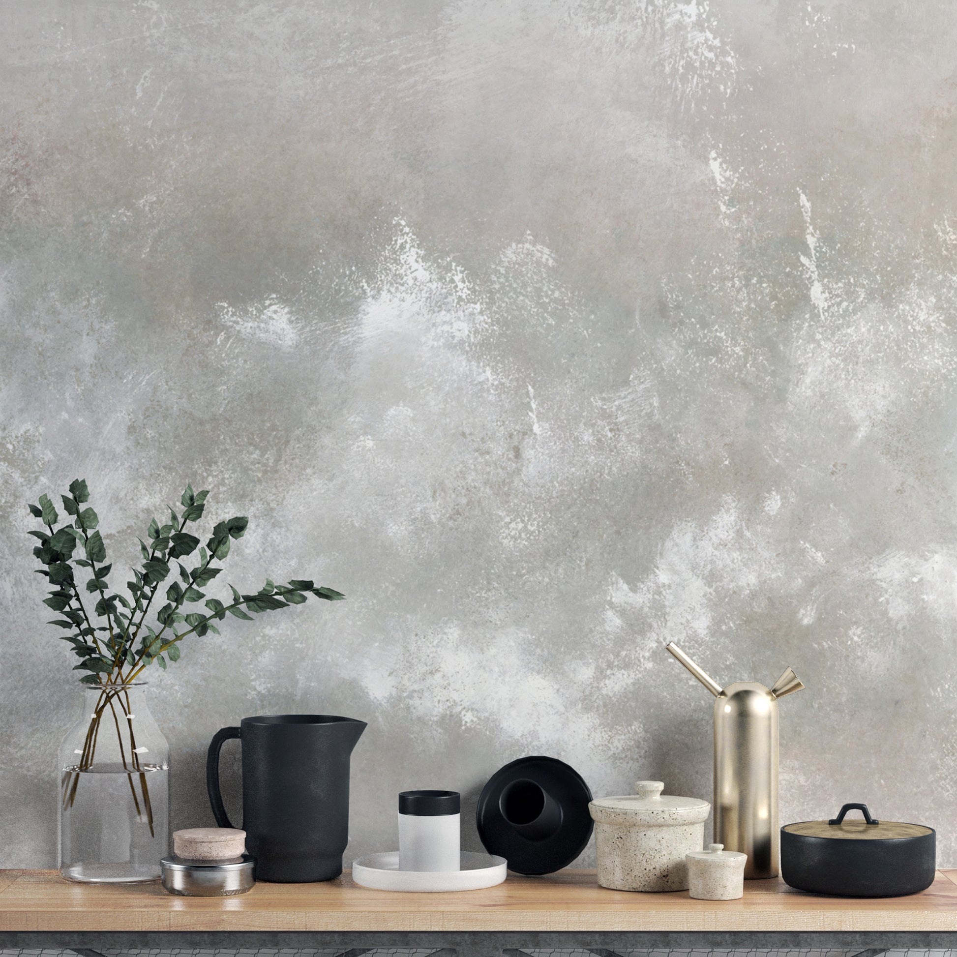 Baltic Sand Textured Abstract wallpaper mural in pale grey behind a wood shelf with eucalyptus and ceramic jars, close styling