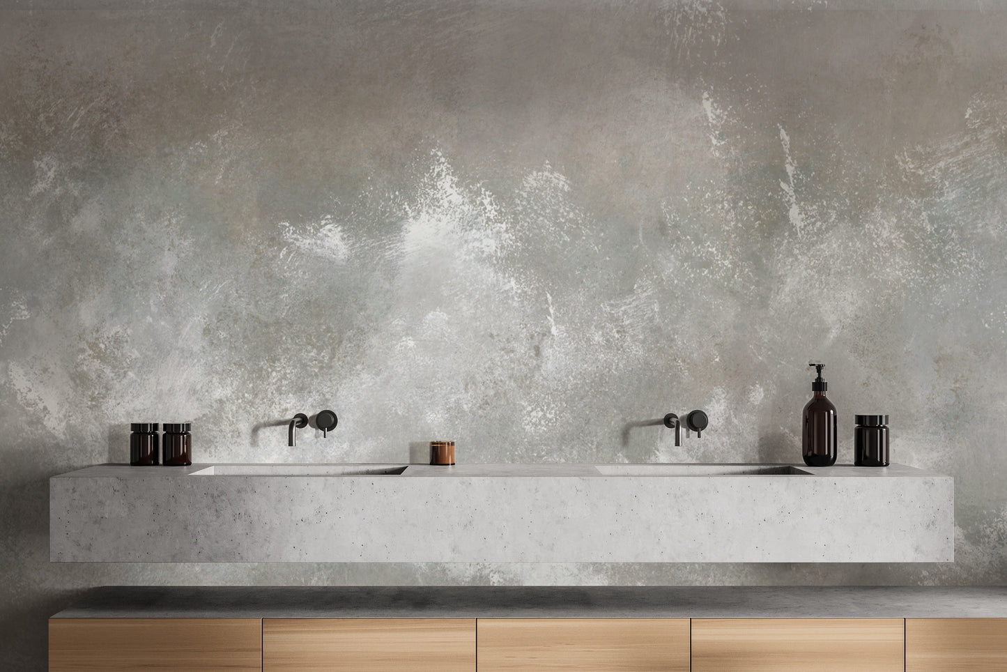 Baltic Sand Textured Abstract wallpaper mural in grey concrete tones above a floating double vanity in a modern bathroom