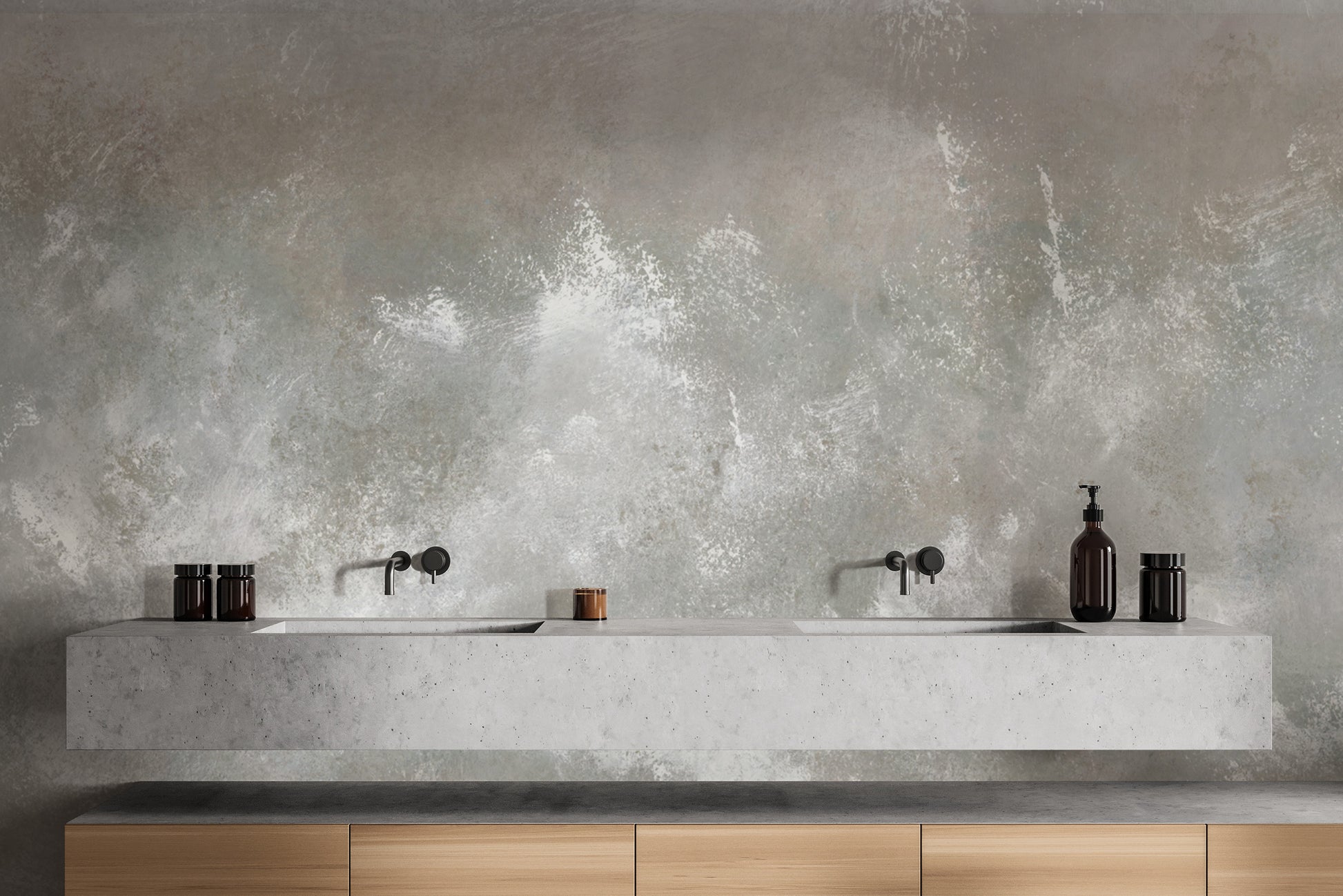 Baltic Sand Textured Abstract wallpaper mural in grey concrete tones above a floating double vanity in a modern bathroom