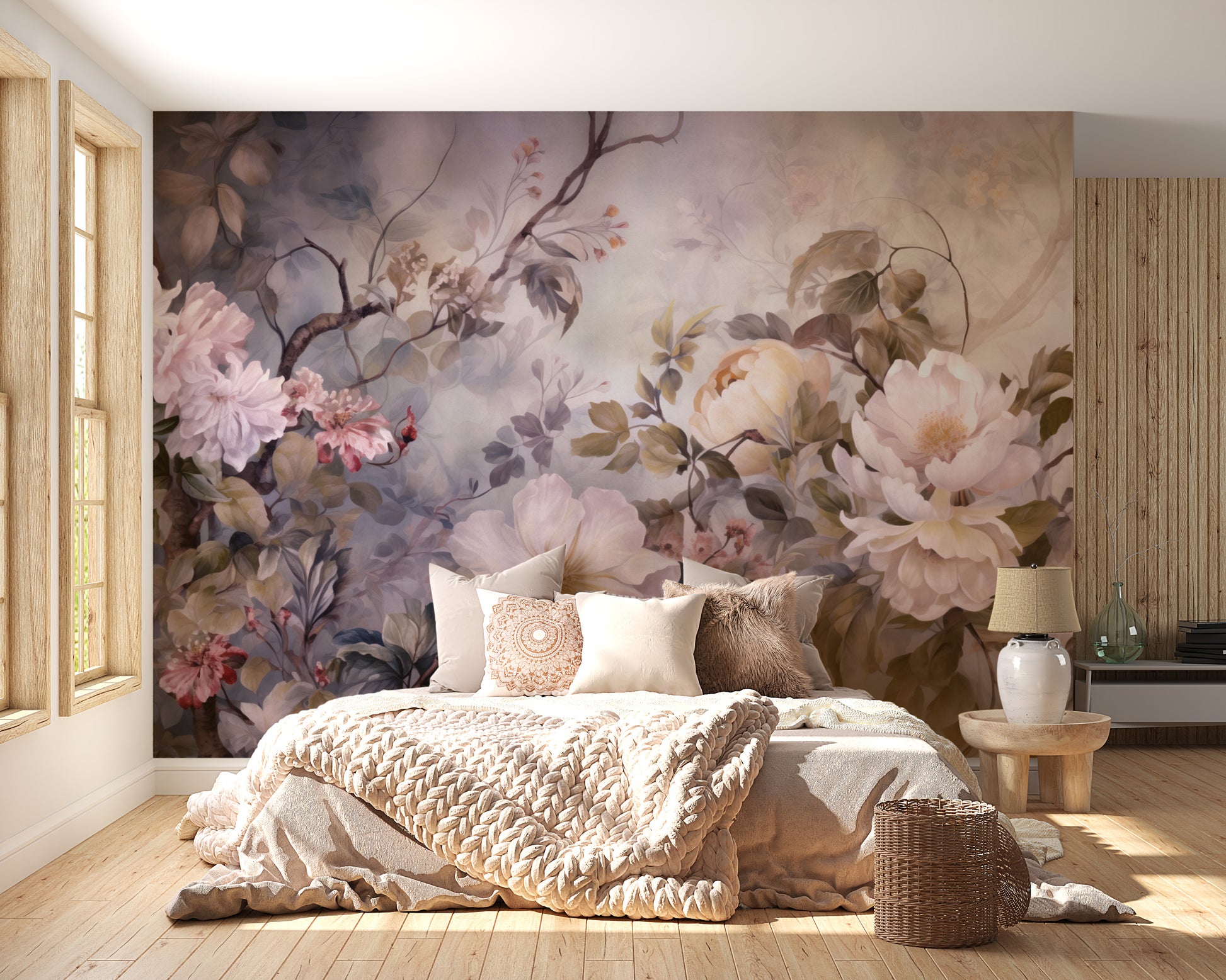 Barok Blossom Pink Color wallpaper with blush peonies above a bed with a chunky knit blanket in a cozy bedroom