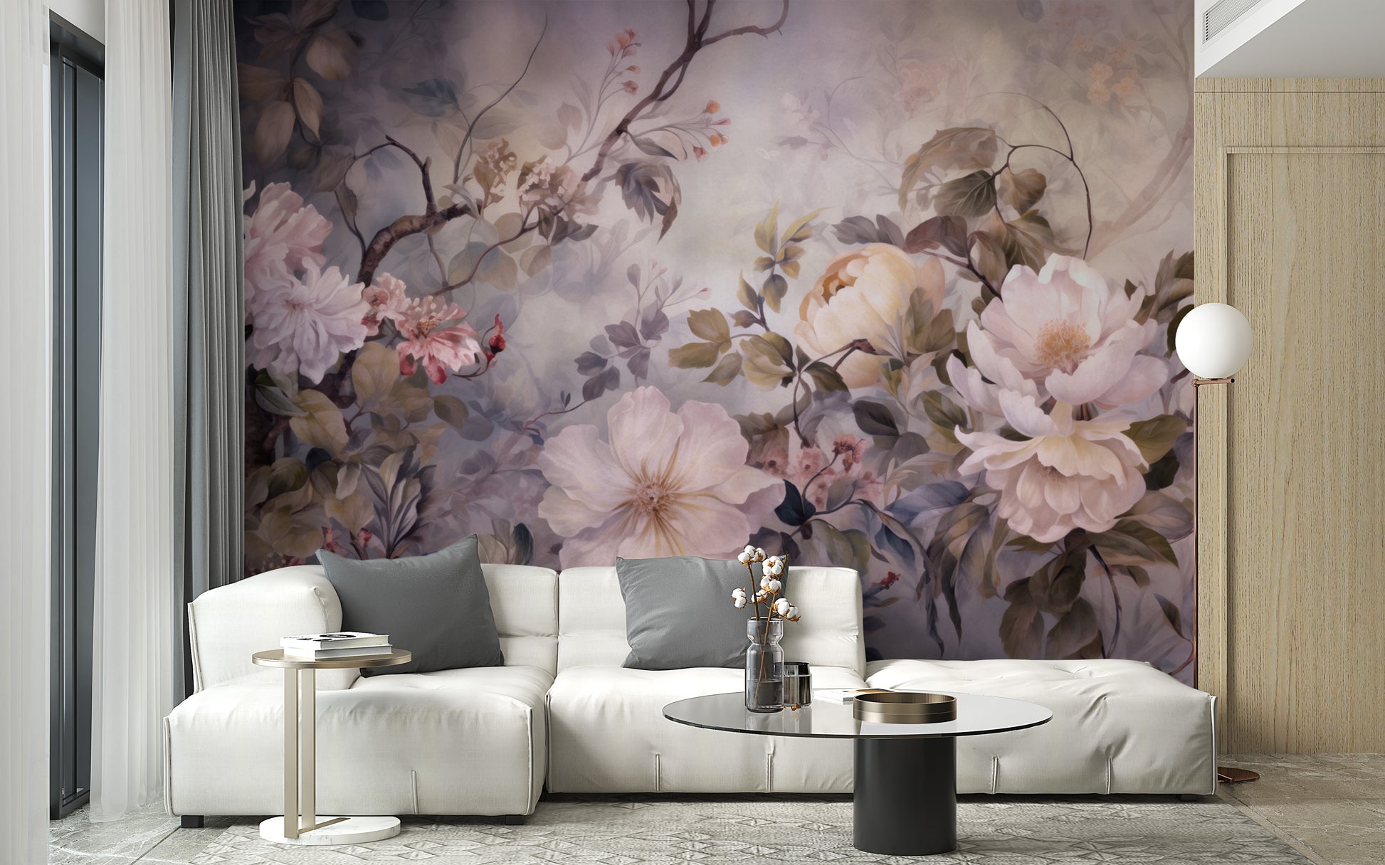 Barok Blossom Pink Color wallpaper with pink peonies behind a white sofa and black round table in a living room