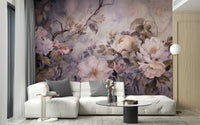 Barok Blossom Pink Color wallpaper with pink peonies behind a white sofa and black round table in a living room