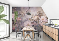 Barok Blossom Pink Color wallpaper with mauve florals in a dining room with a wood table and black bentwood chairs