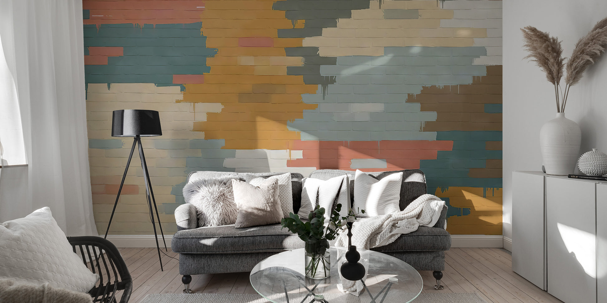 Painted Brick Illusion Mural brings urban flair to living rooms