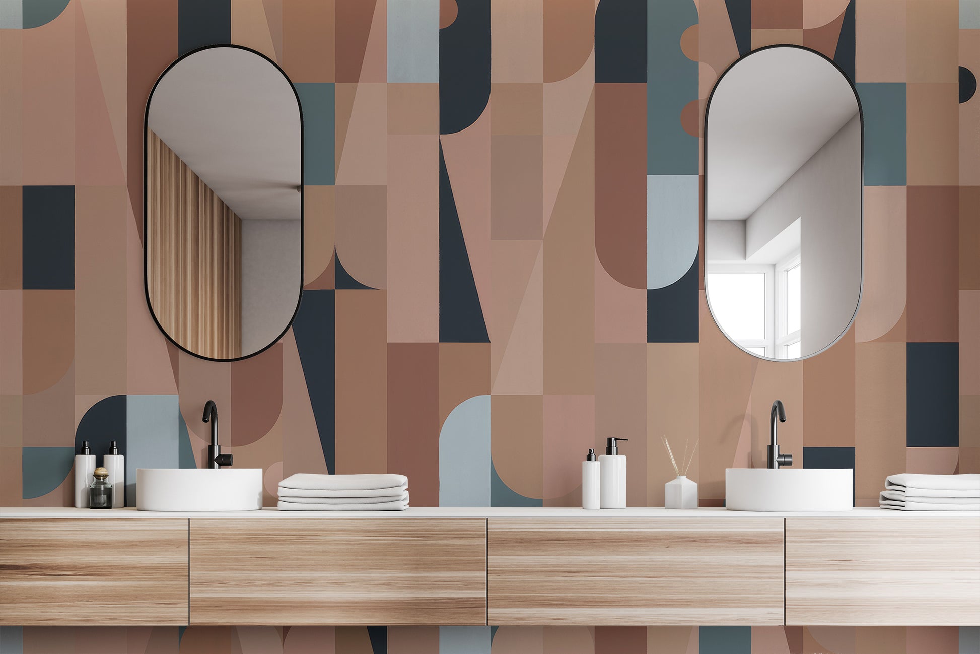Chromatic Puzzle Wall mural in blush and blue geometric shapes behind a double vanity in a bathroom