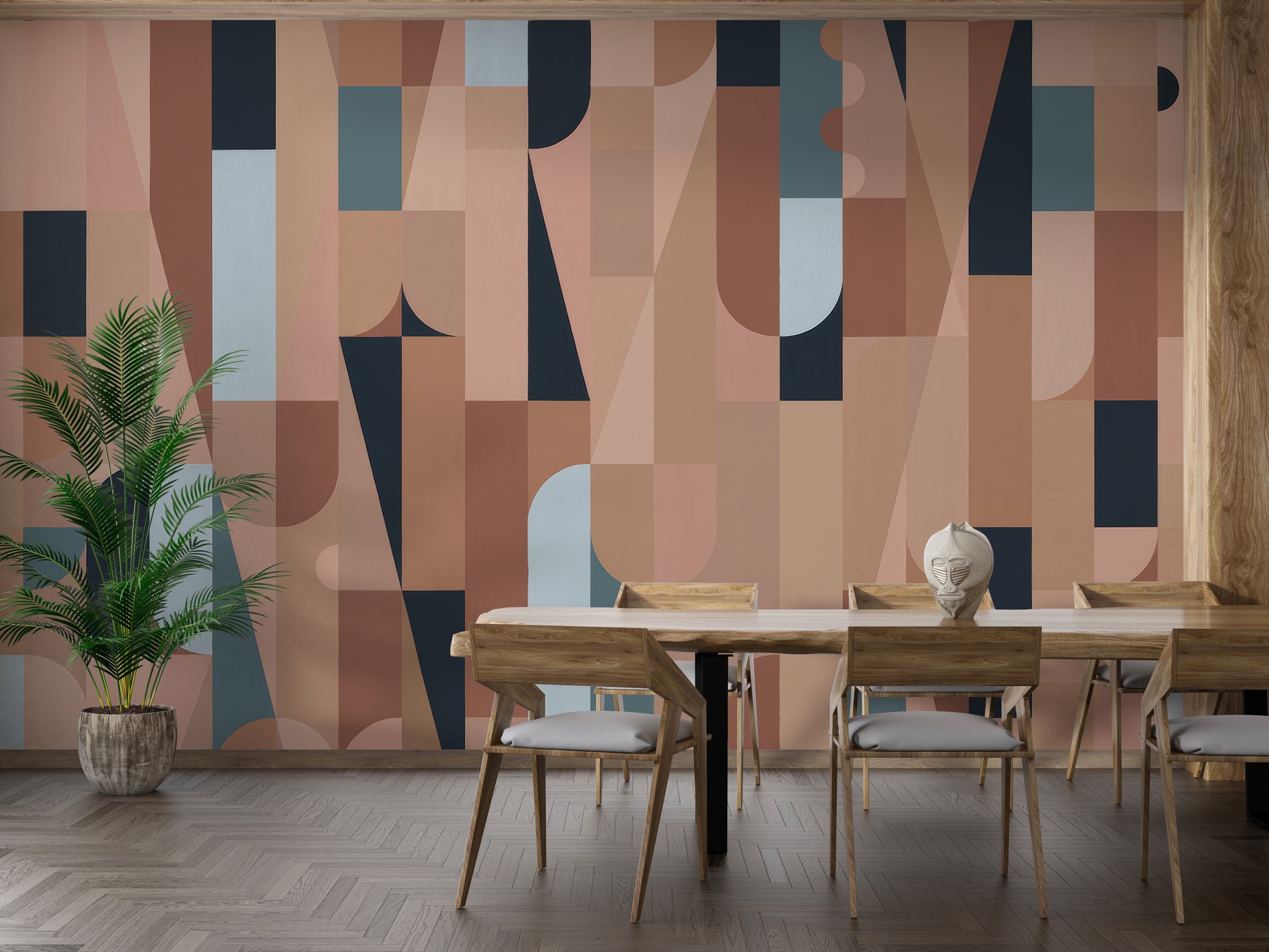 Chromatic Puzzle Wall mural in terracotta geometric shapes behind a wooden dining table and chairs