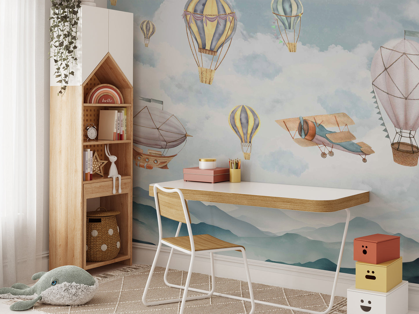 Cloud Drifter Airships Wall mural of pastel balloons and biplane in a kids study with a white desk