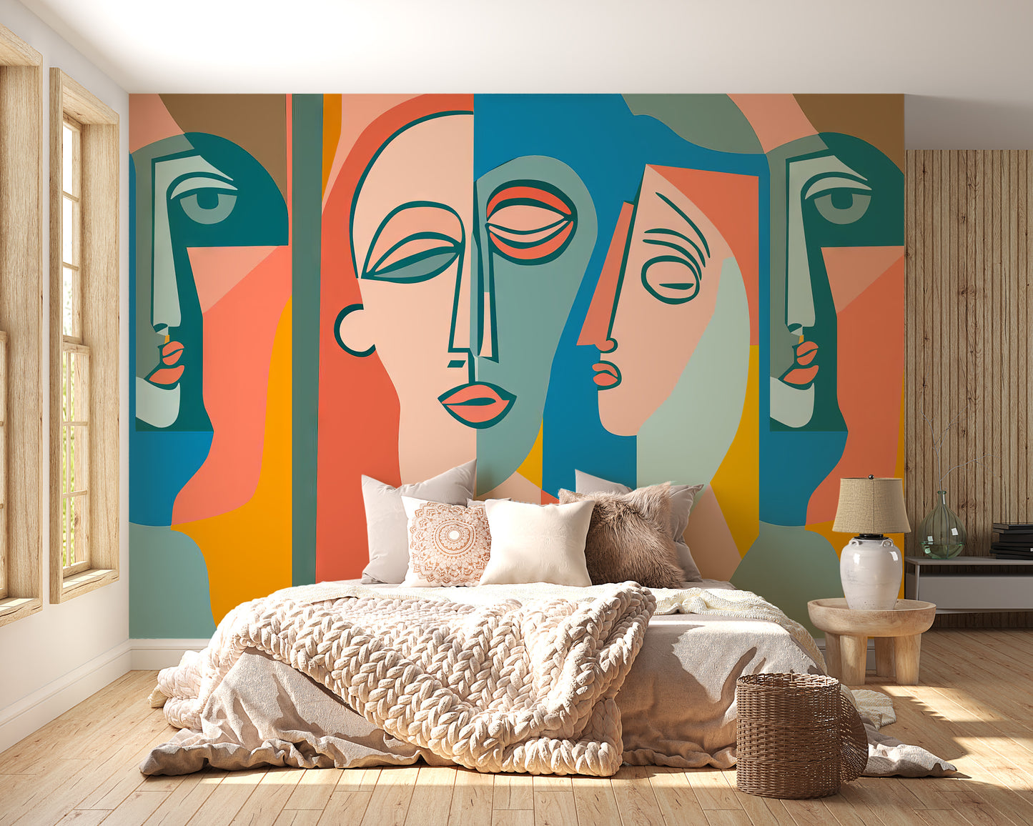 Make your bedroom stand out with the unique colorful faces wallpaper.
