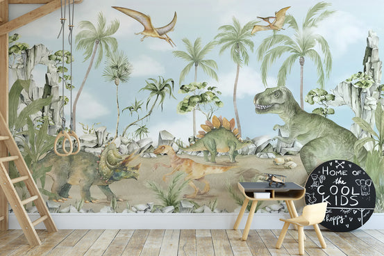 Jurassic Jungle Adventure wallpaper mural of green dinosaurs and palms behind a kids desk and climbing ladder
