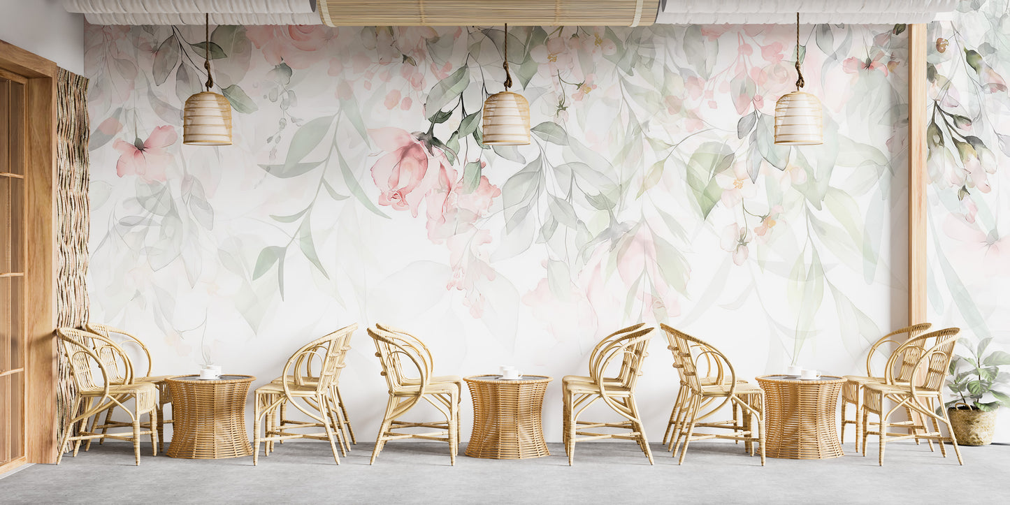 Ethereal Rose Garden mural of soft pink roses behind a row of rattan chairs and woven pendant lights