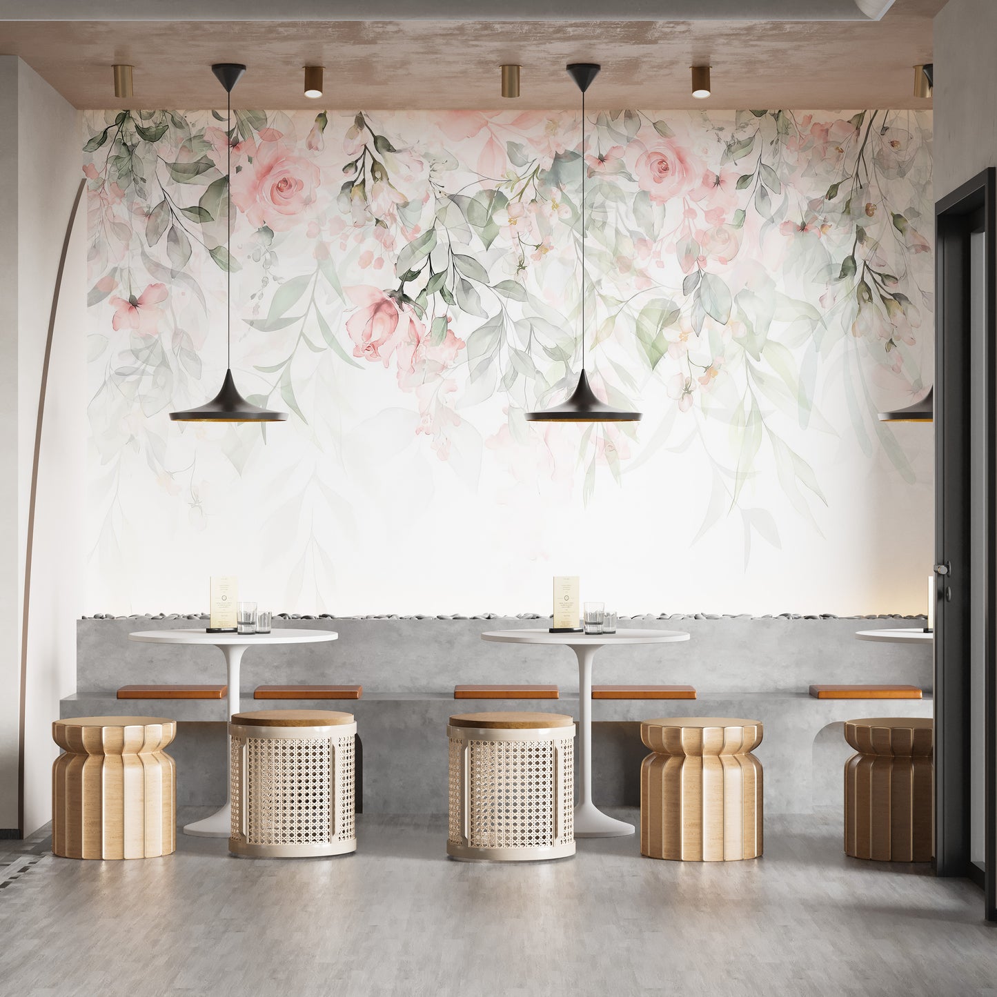 Ethereal Rose Garden mural of pink roses and greenery behind white cafe tables with rattan stools