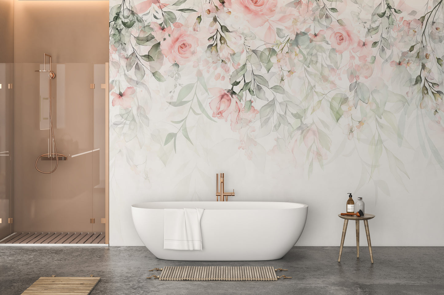 Ethereal Rose Garden mural of cascading pink roses behind a white freestanding bathtub in a bathroom